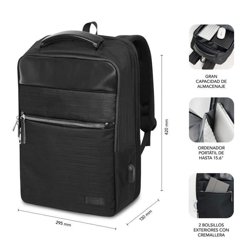 mochila negra para portatil con mucho espacio para documentos y accesorios