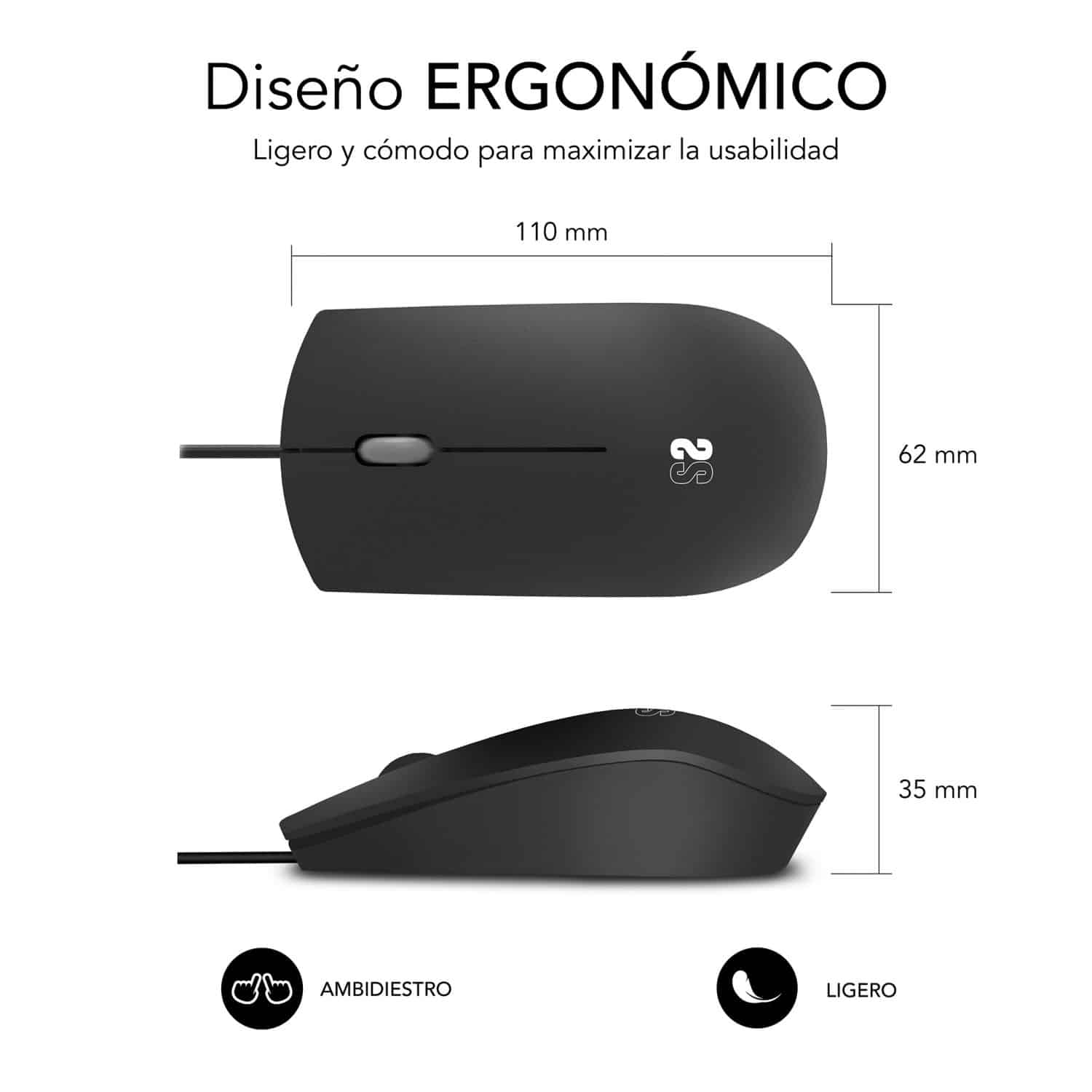 mouse com design ergonômico que cabe na mão, ambidestro, gama empresarial, ideal para empresas na cor preta