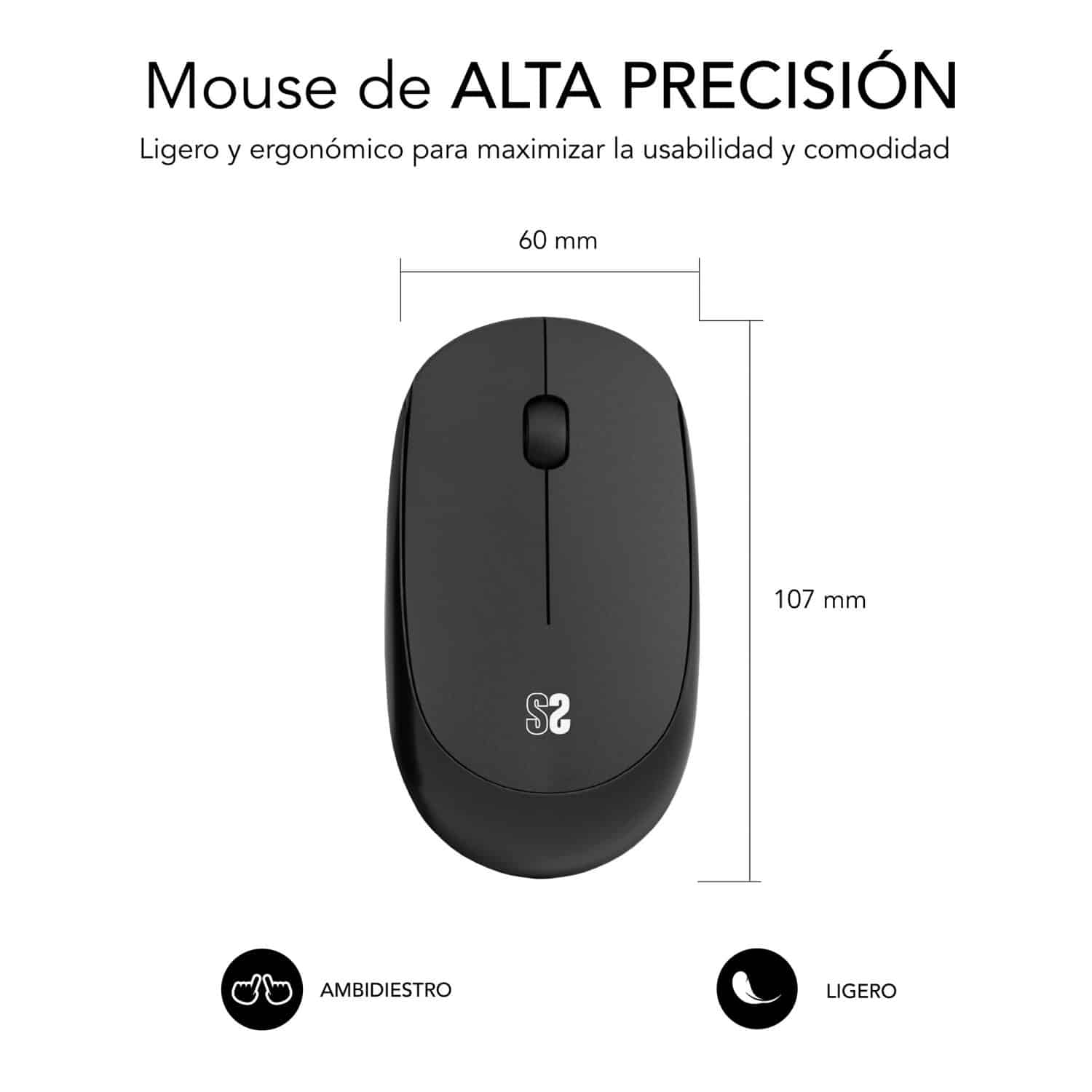 Mouse óptico sem fio ambidestro para computador, adapta-se ao formato da mão.