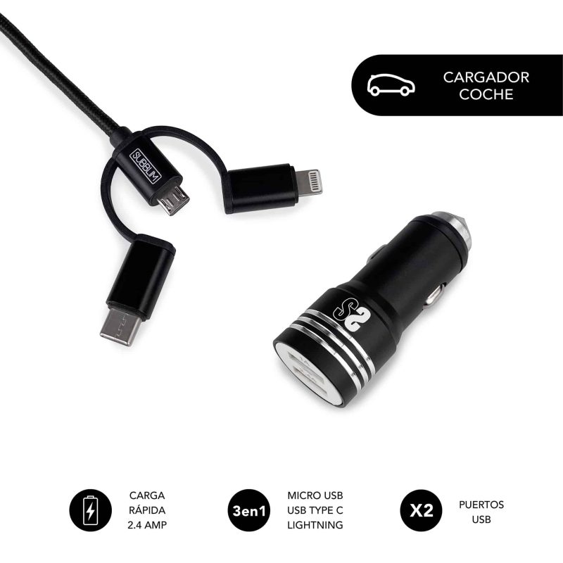✅ Dual Car Charger (2.4A) + cabo 3IN1 black