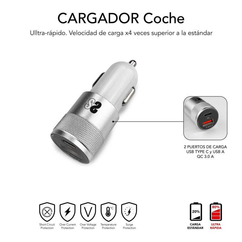 ✅ Dual PD Car Charger Power Delivery 18W + 2.4A + C to C cabo Prata