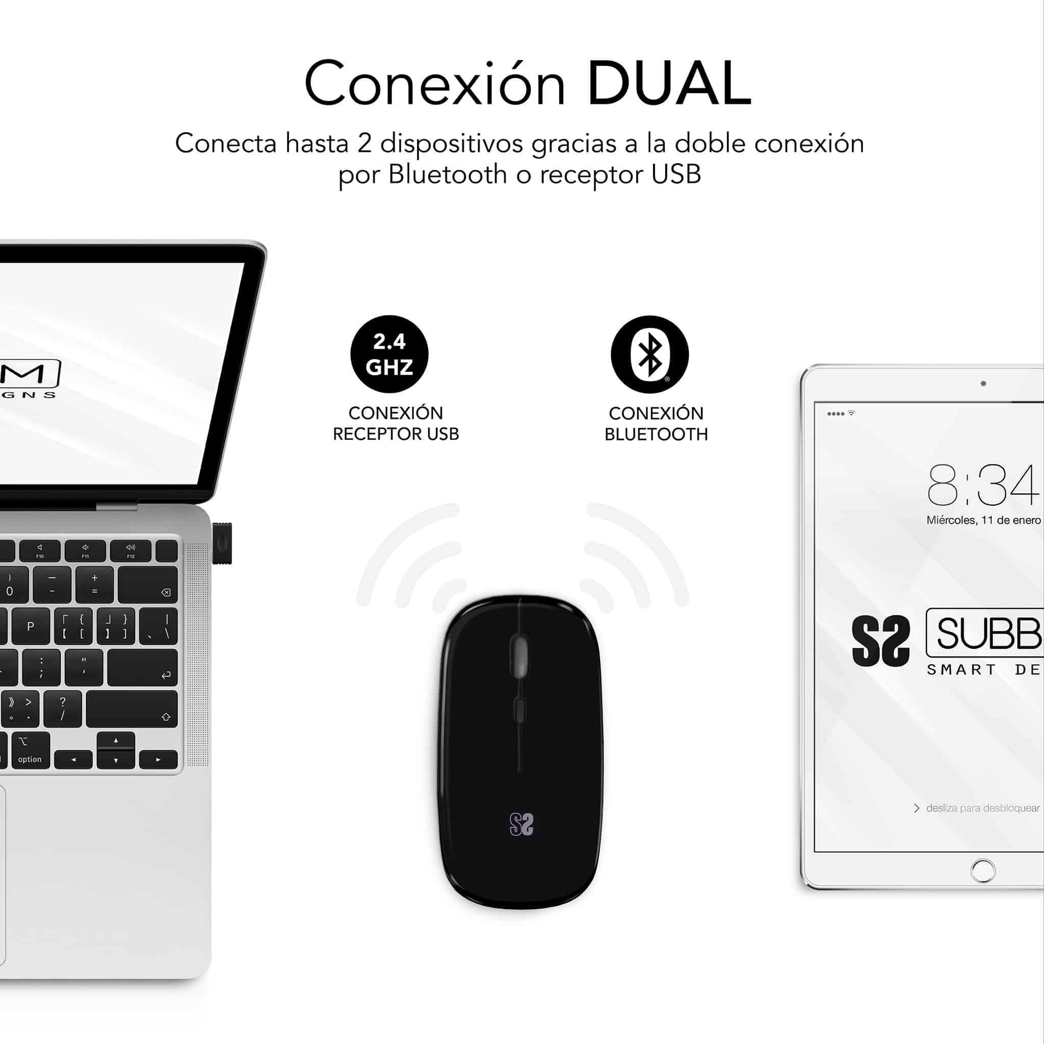 ✓ Rato Óptico Wireless Dual Flat Mouse Recarregável Preto