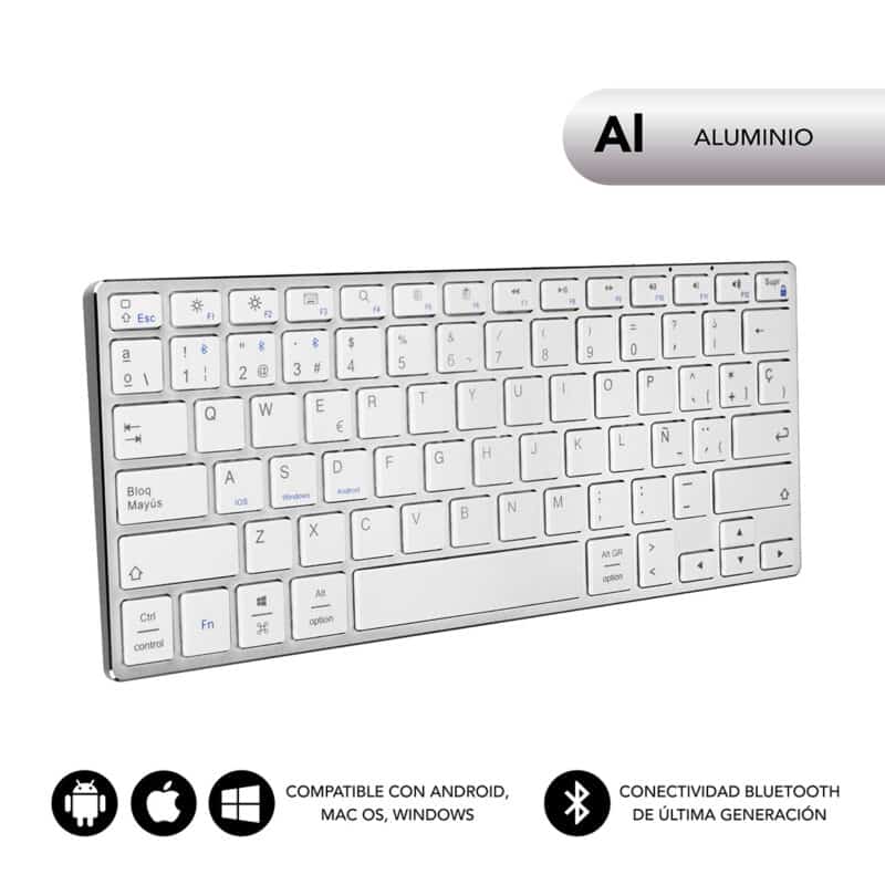 teclado bluetooth para 3 dispositivos acabamento alumínio tamanho compacto