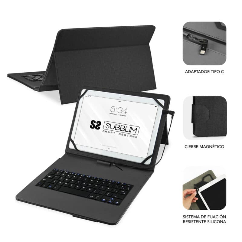 ✅ Capa com teclado MICRO USB – USB C KEYTAB PRO USB 9,6″ – 11″ Preto