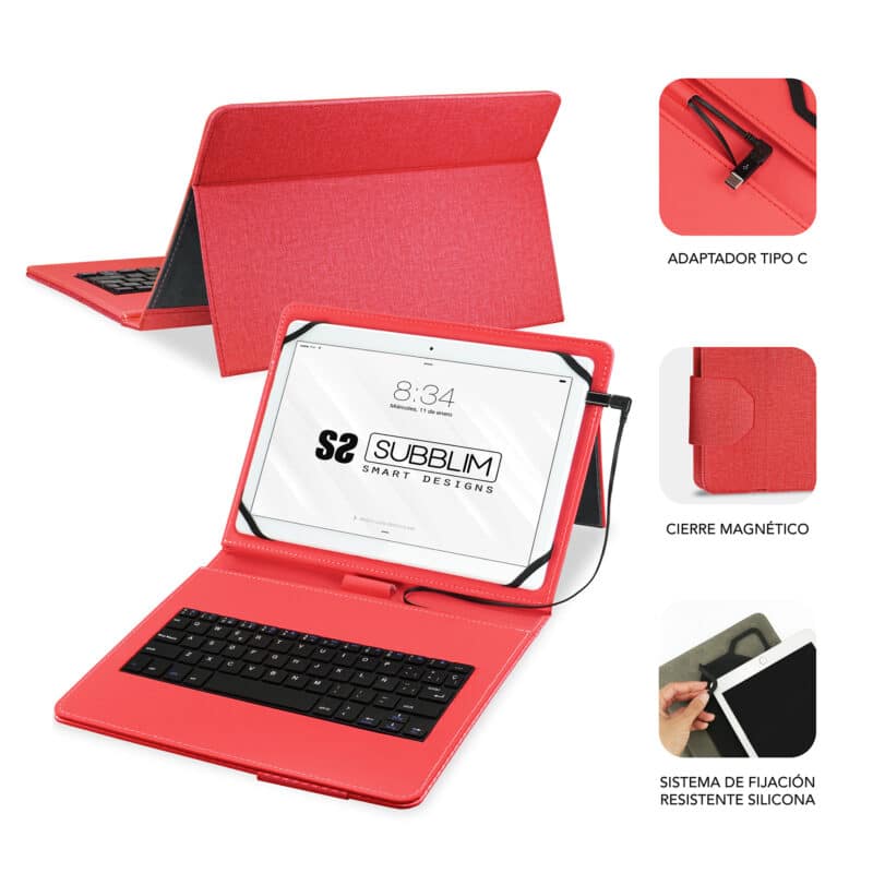 ✅ Capa com teclado MICRO USB – USB C KEYTAB PRO USB 9,6″ – 11″ Vermelho