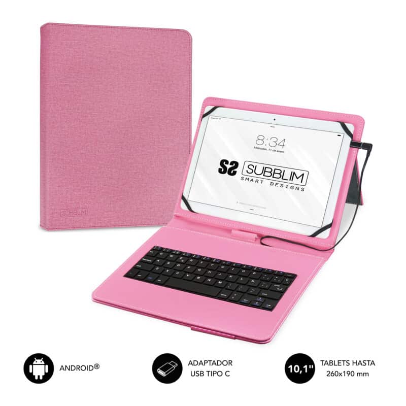 capa rosa com teclado usb para tablets android