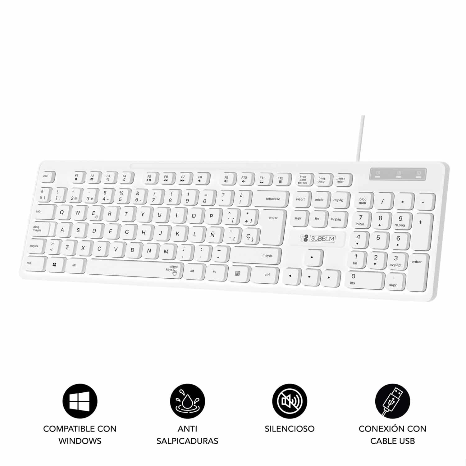 teclado branco empresas e escritórios com fio, teclado numérico e teclas multimídia