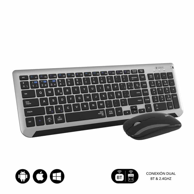 bundle teclado e rato preto com conectividade dupla bluetooth e radiofrequencia. Rato com bateria recarregavel