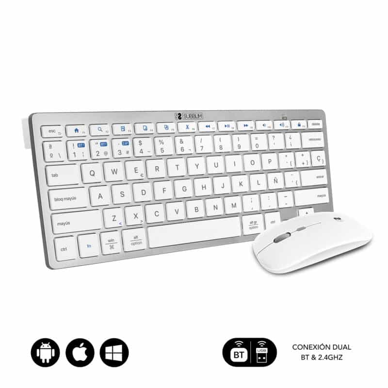 bundle teclado compacto e rato com conectividade universal em cor branco e prata