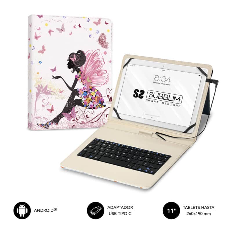 capa com teclado USB para tablet Android design fada e borboletas femenina