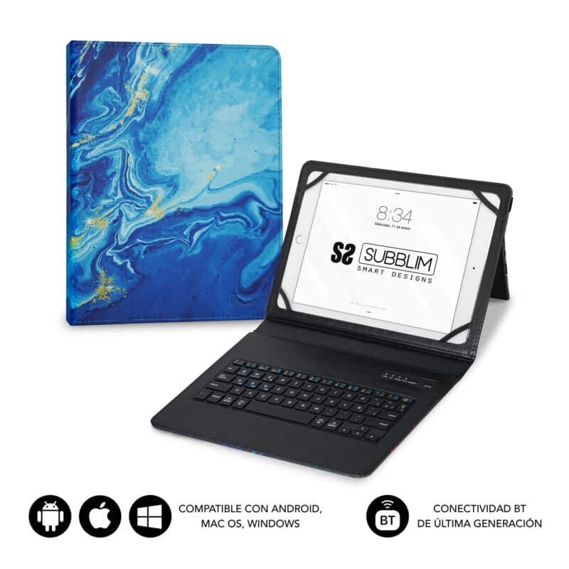 capa design azul com teclado bluetooth integrado multidispositivo para todo tipus de tablets de 9,6" até 11"